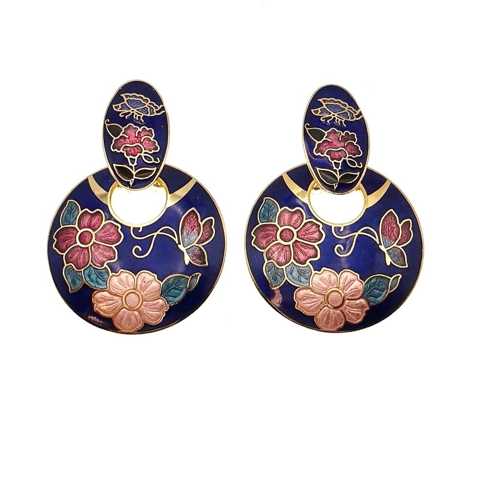Vintage Enamel Blue Floral Earrings